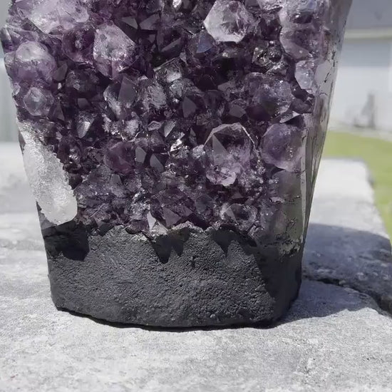 Amethyst Crystal Cluster 13lb 11oz on base with Polished Sides from Brazil Extra A+ Dark Color, open faced.