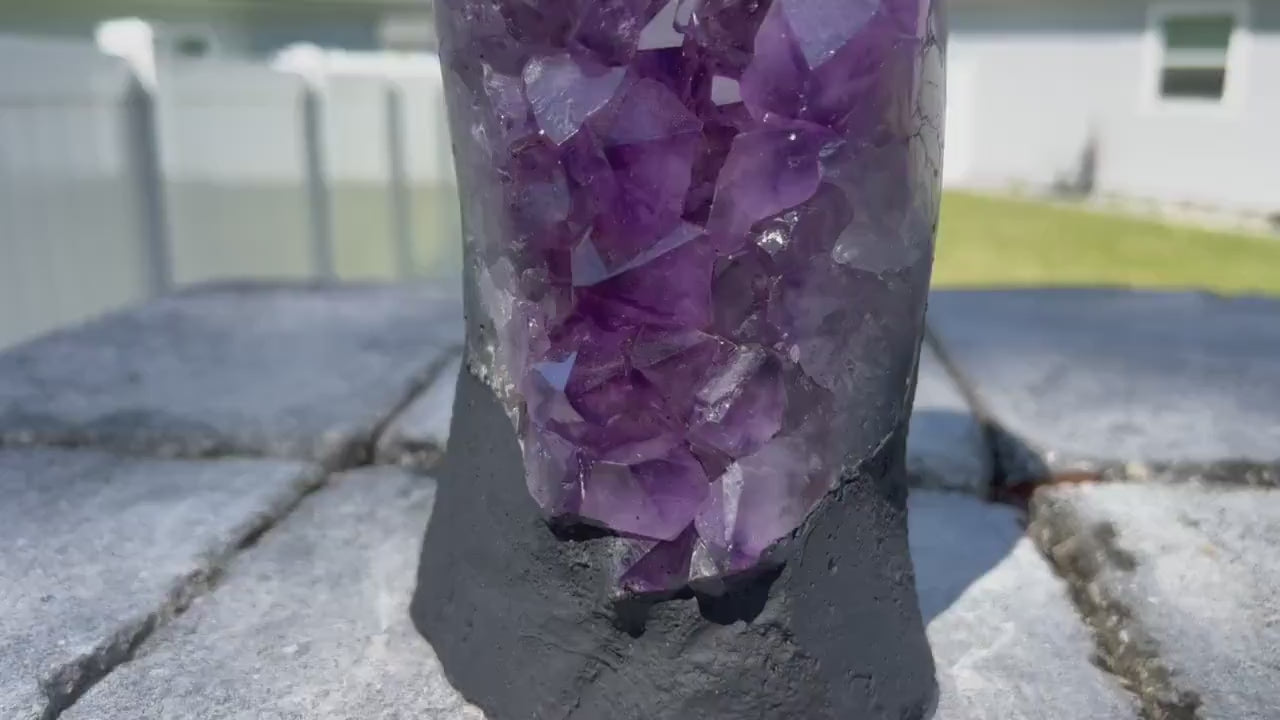 Amethyst Crystal Cluster 7lb 8oz on base with Polished Sides from Brazil Extra A+ Dark Color, open faced.