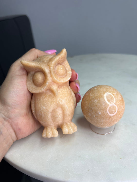Peach Aventurine owl and sphere set. 3.9 inches tall owl. 1pound 6oz total weight.