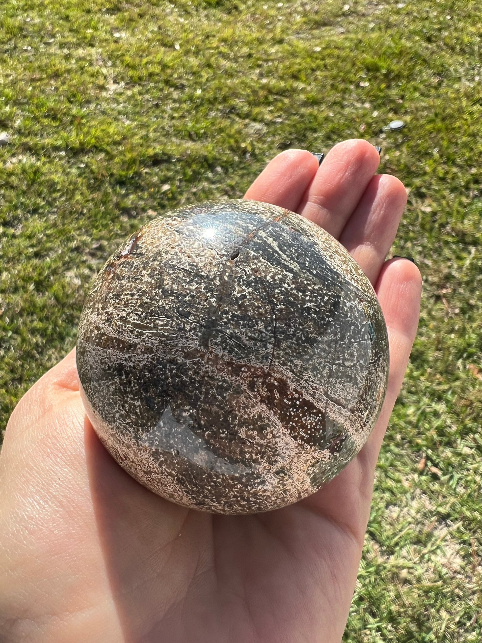 Petrified wood sphere from Madagascar. 12oz and 64mm