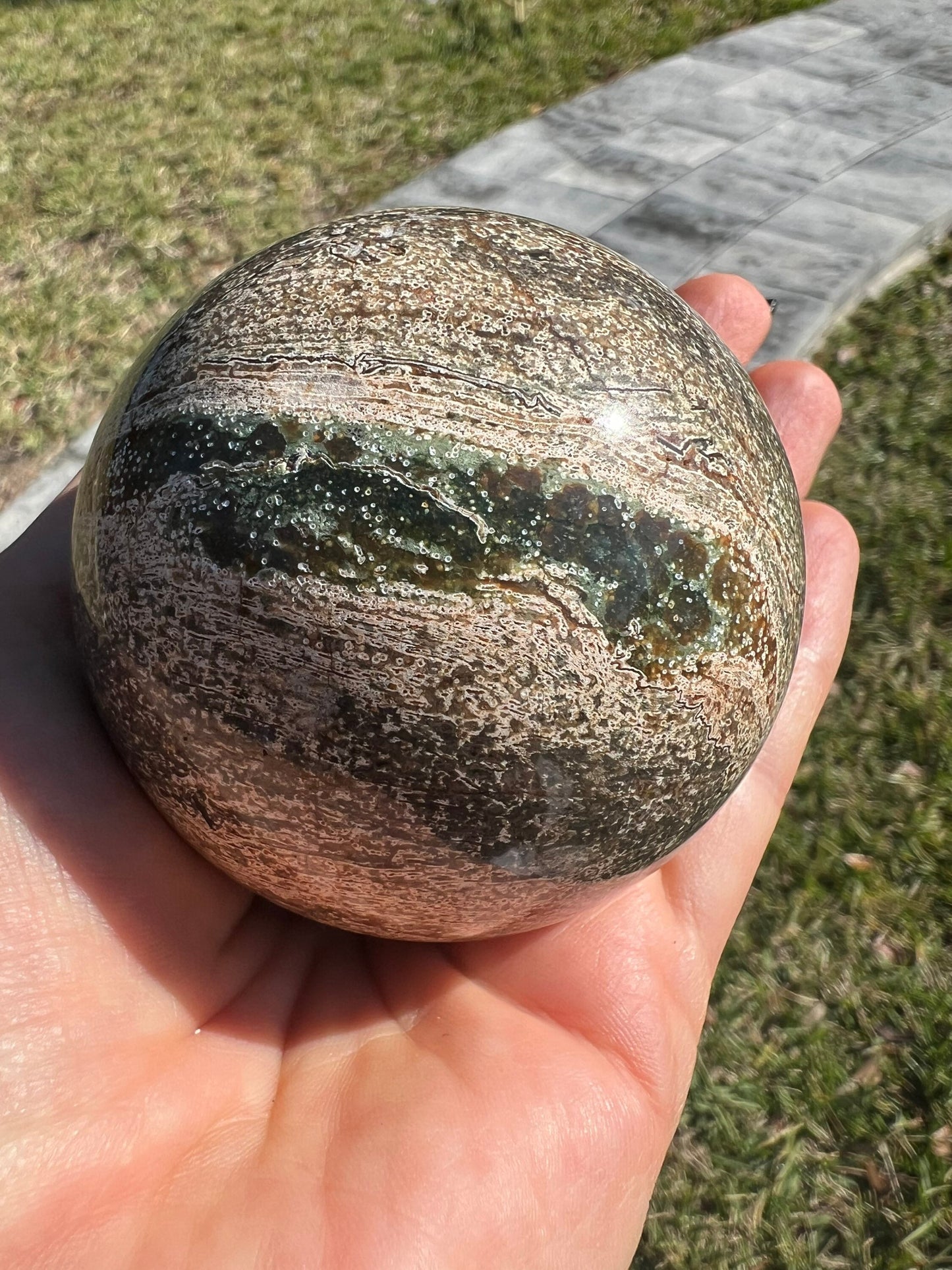 Petrified wood sphere from Madagascar. 12oz and 64mm