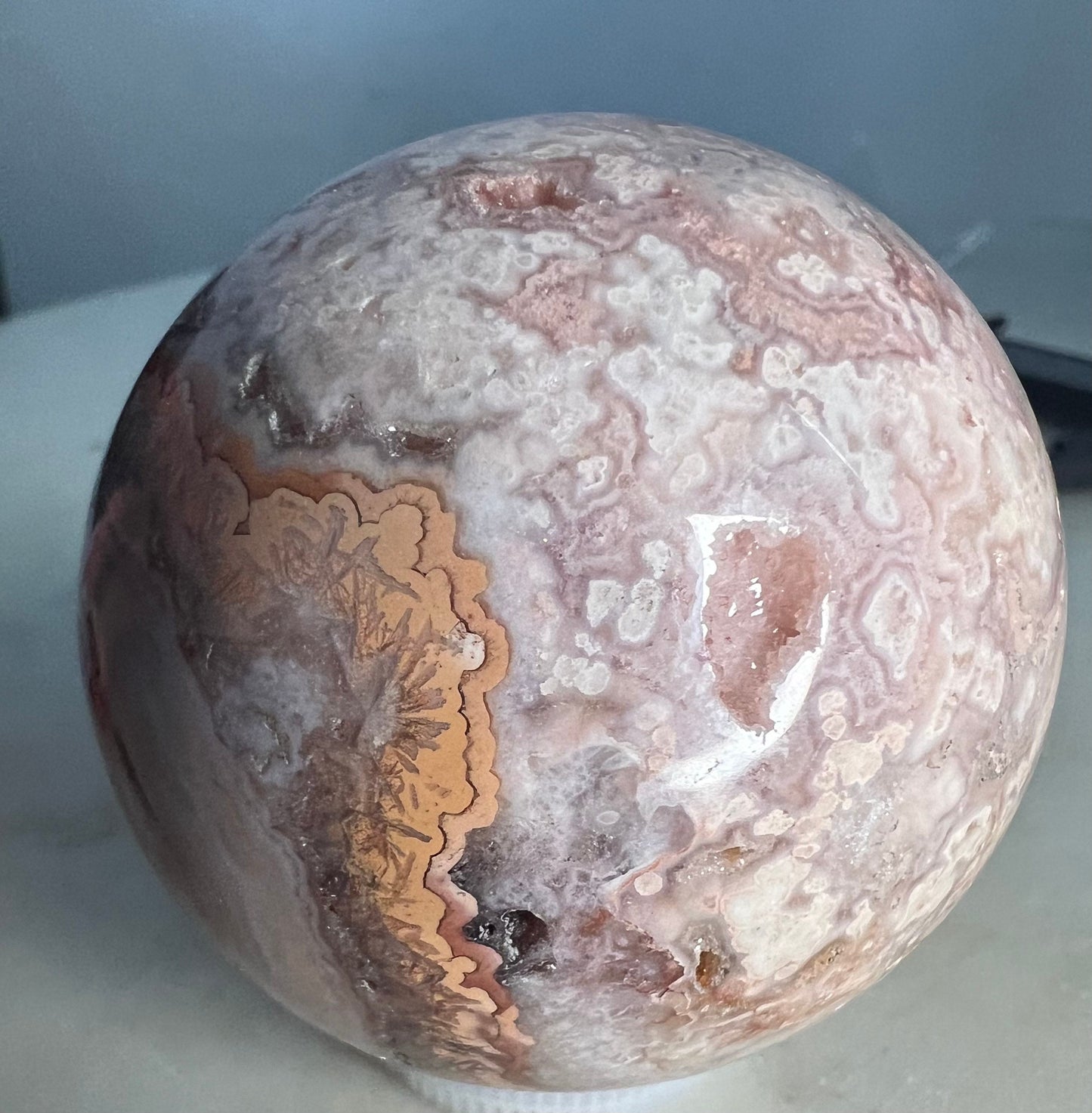 Pink/ peach crazy lace agate sphere 54mm