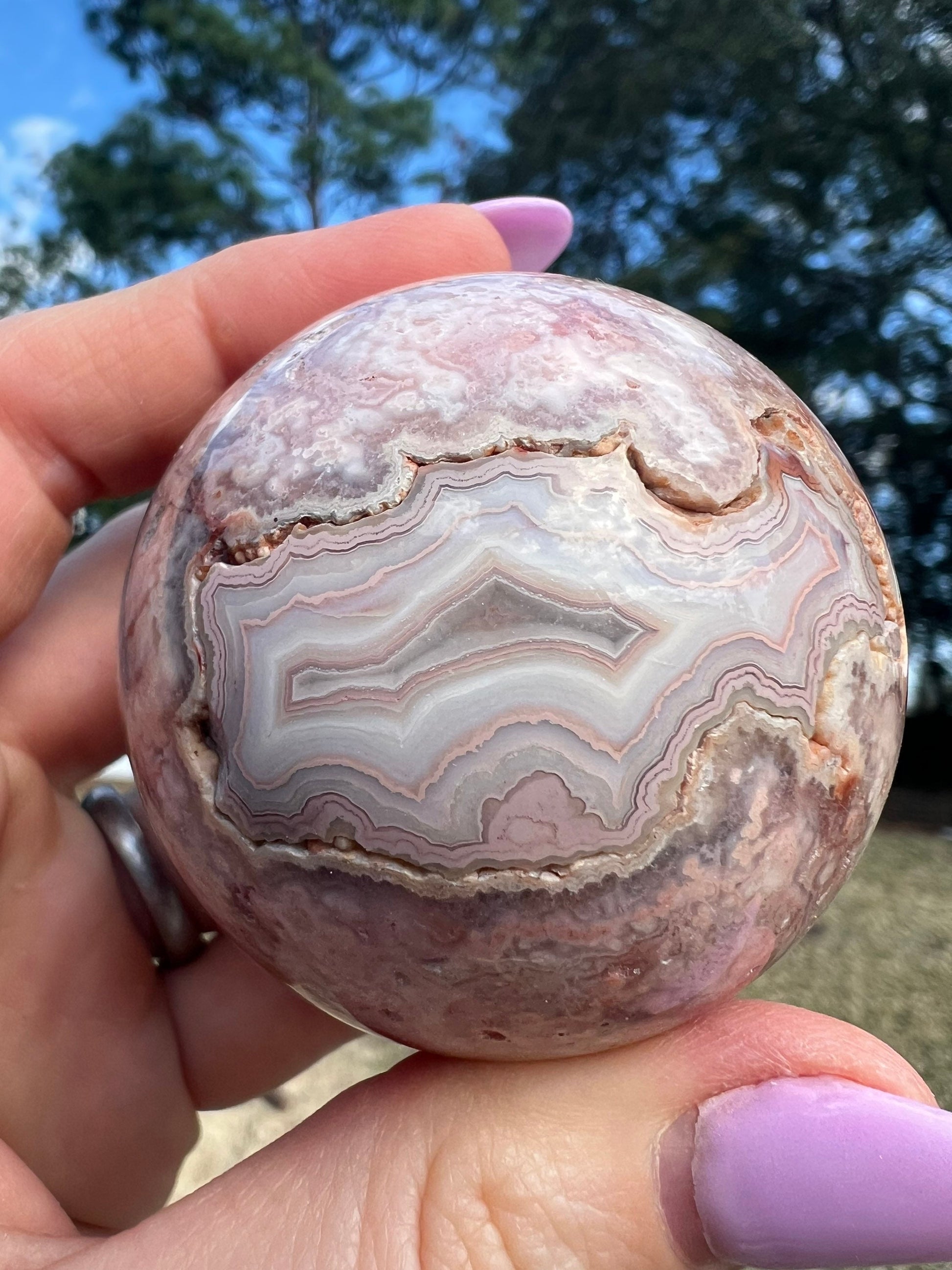 Pink/ peach crazy lace agate sphere 54mm