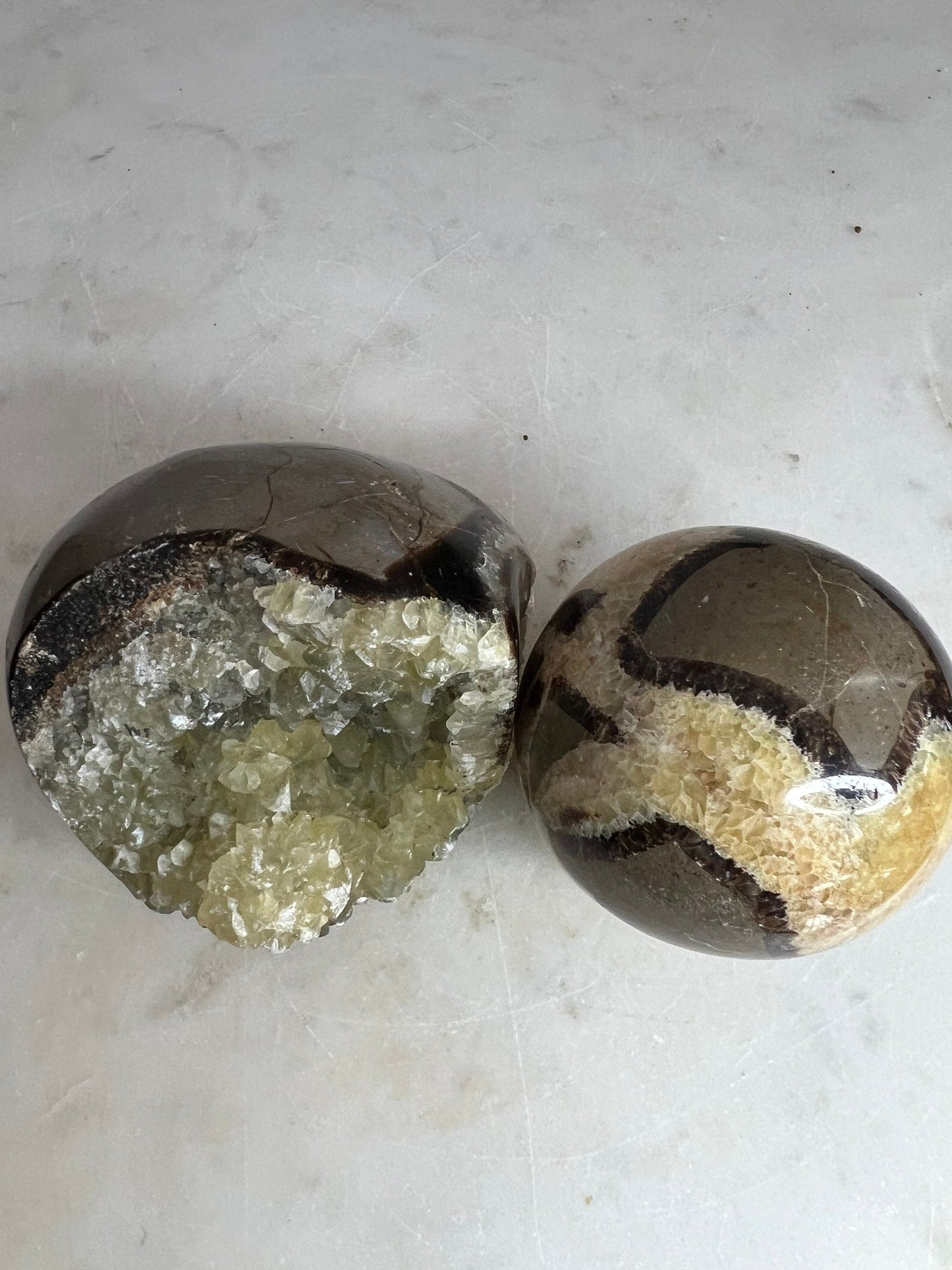 Septarian sphere and half raw cluster. 1 pound 13oz