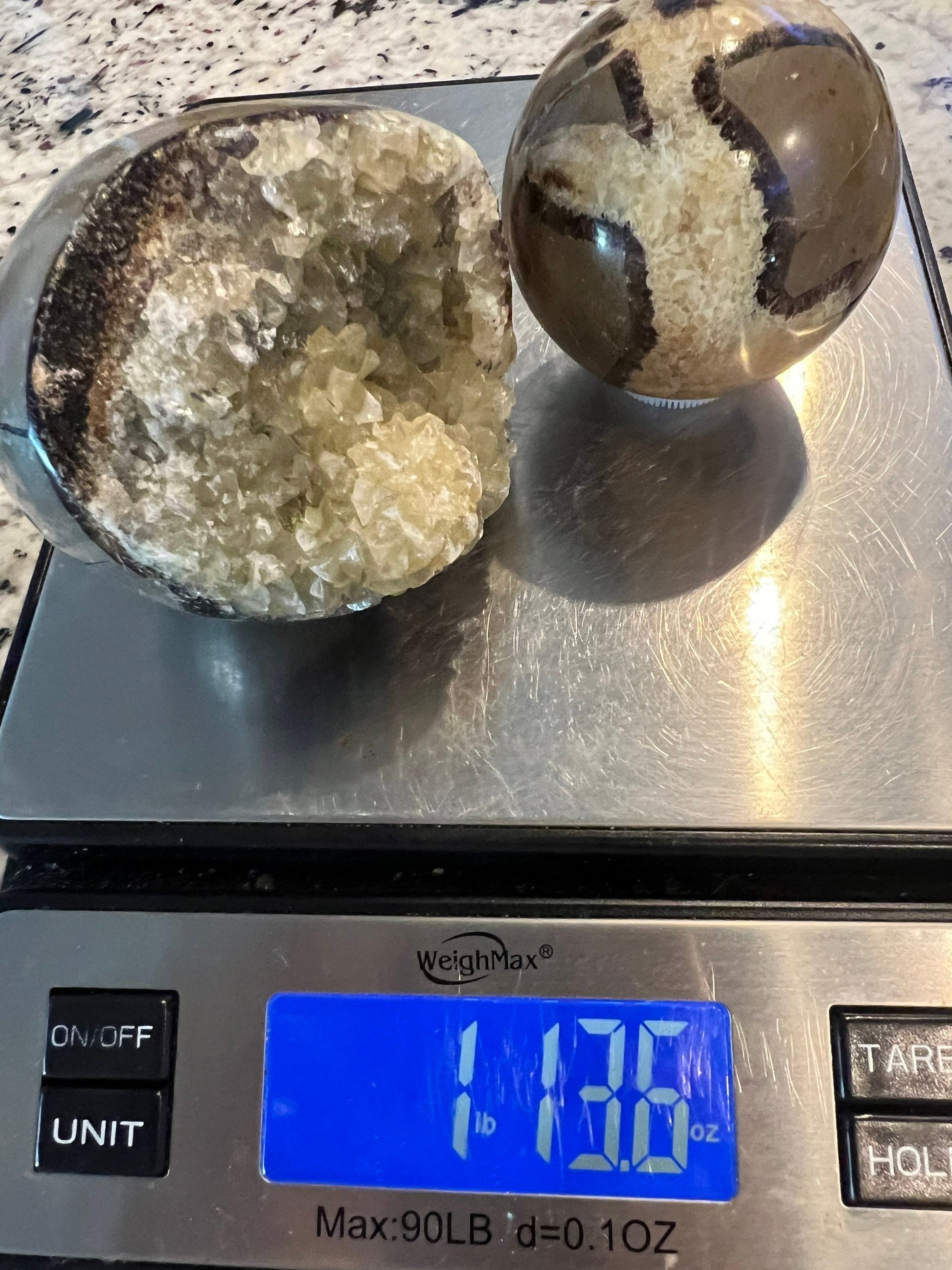 Septarian sphere and half raw cluster. 1 pound 13oz