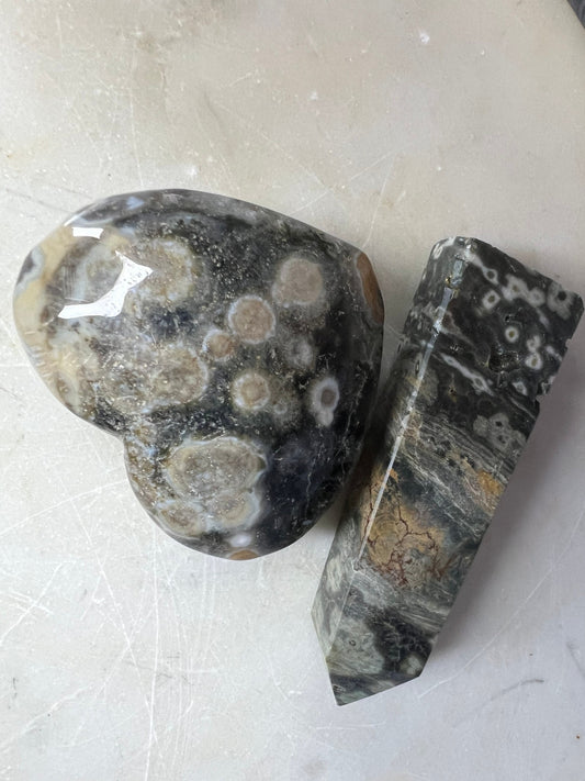 Ocean jasper small tower and heart. Total weight 180grams