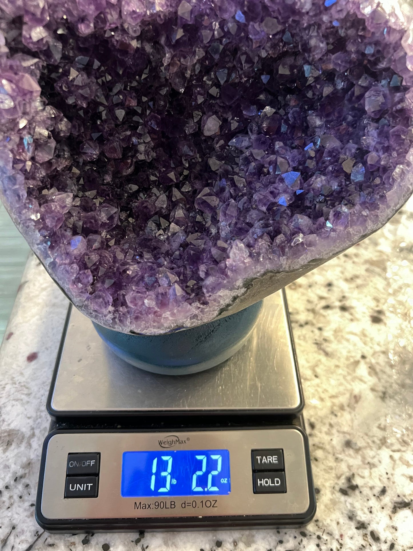 Amethysts total weight with stand 13 pounds 2oz .