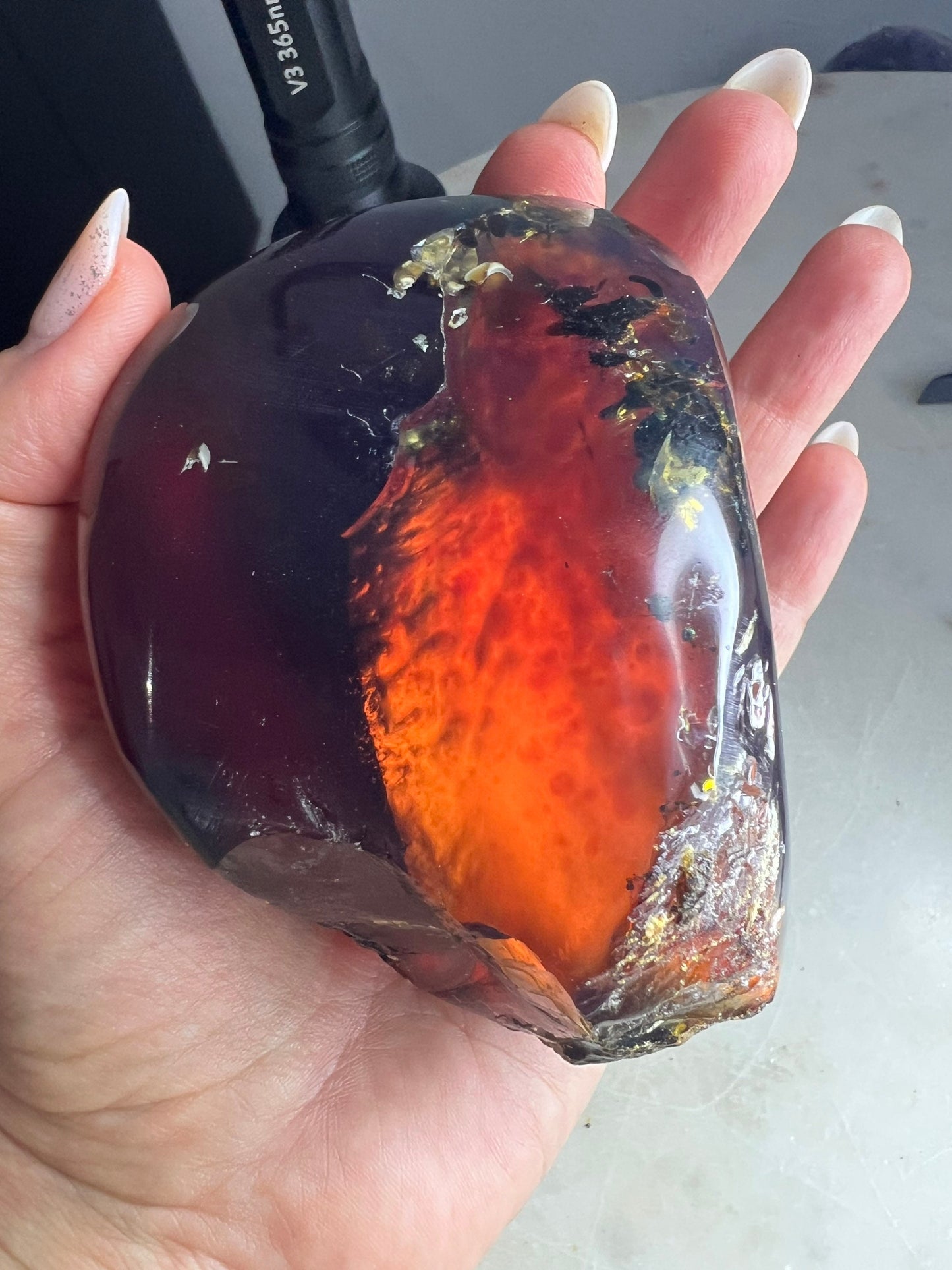 Natural Sumatran Blue Amber, freeform UV REACTIVE BLUE Half polished. 212grams 