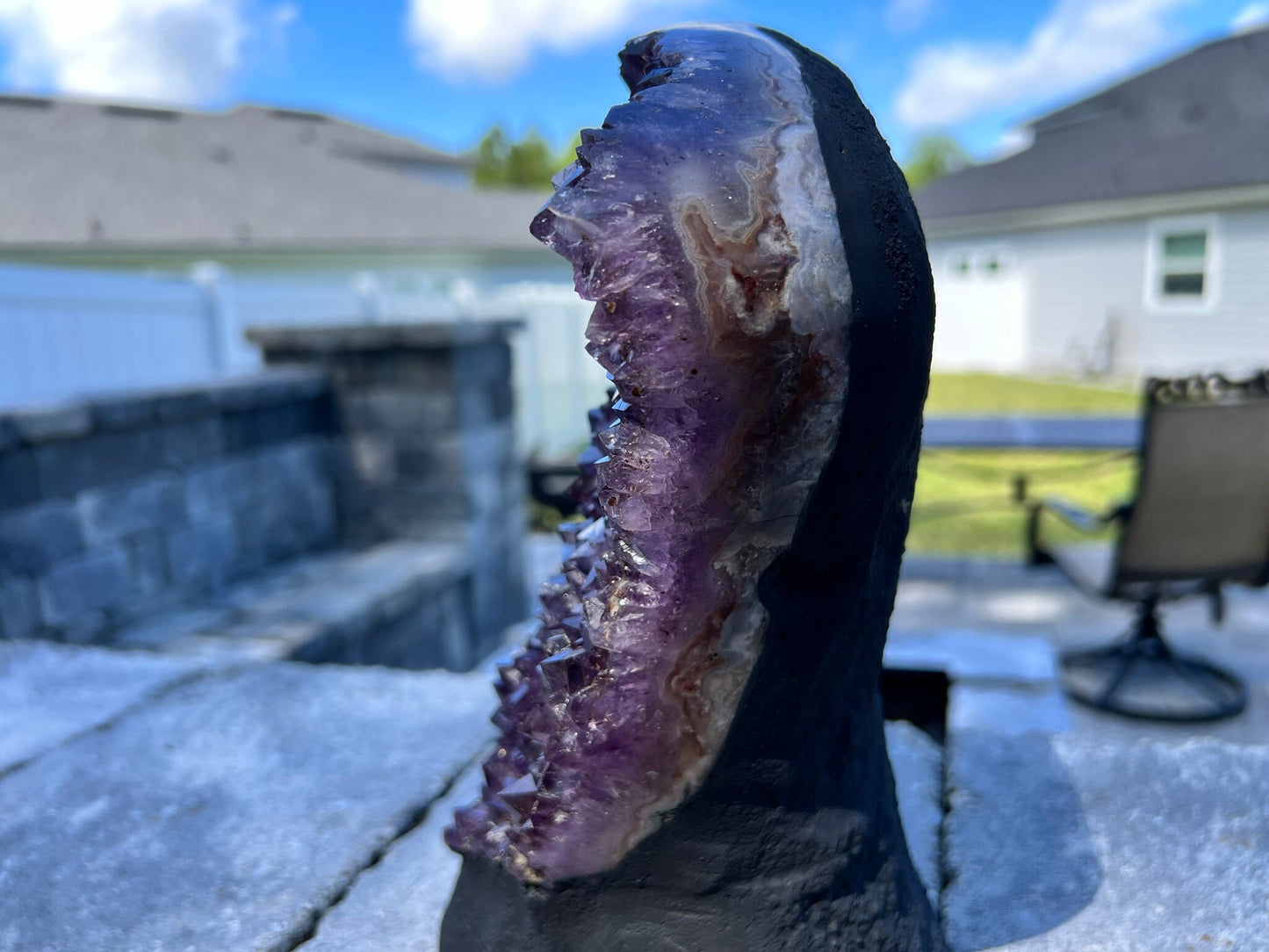 Amethyst Crystal Cluster 14.lb 15oz on base with Polished Sides from Brazil Extra A+ Dark Color, Open faced.