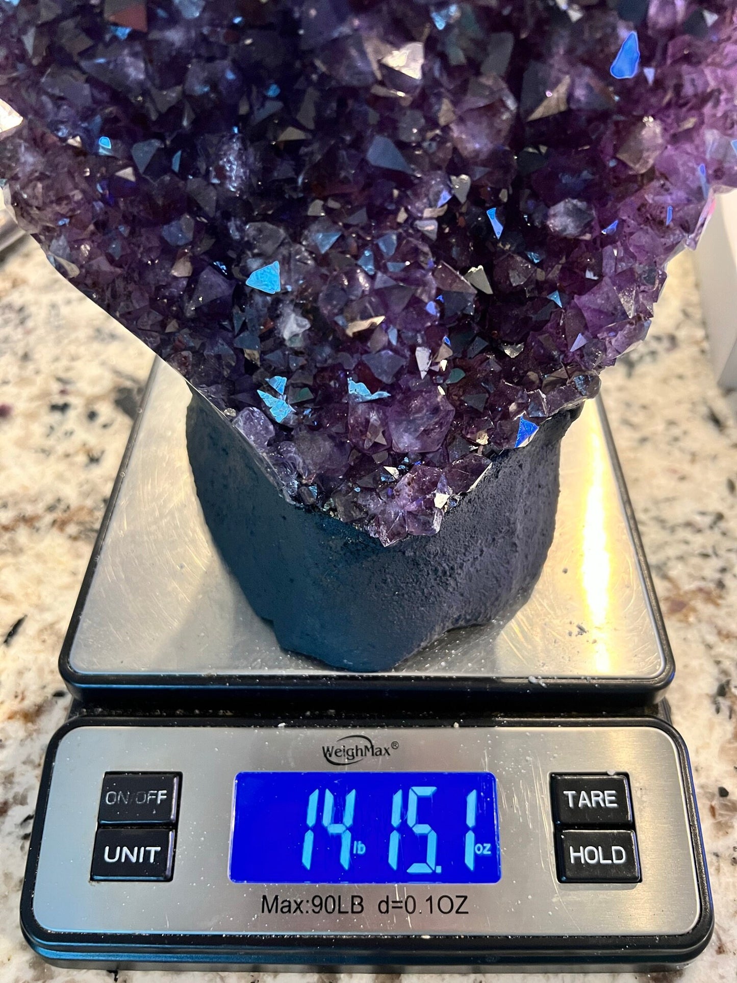 Amethyst Crystal Cluster 14.lb 15oz on base with Polished Sides from Brazil Extra A+ Dark Color, Open faced.