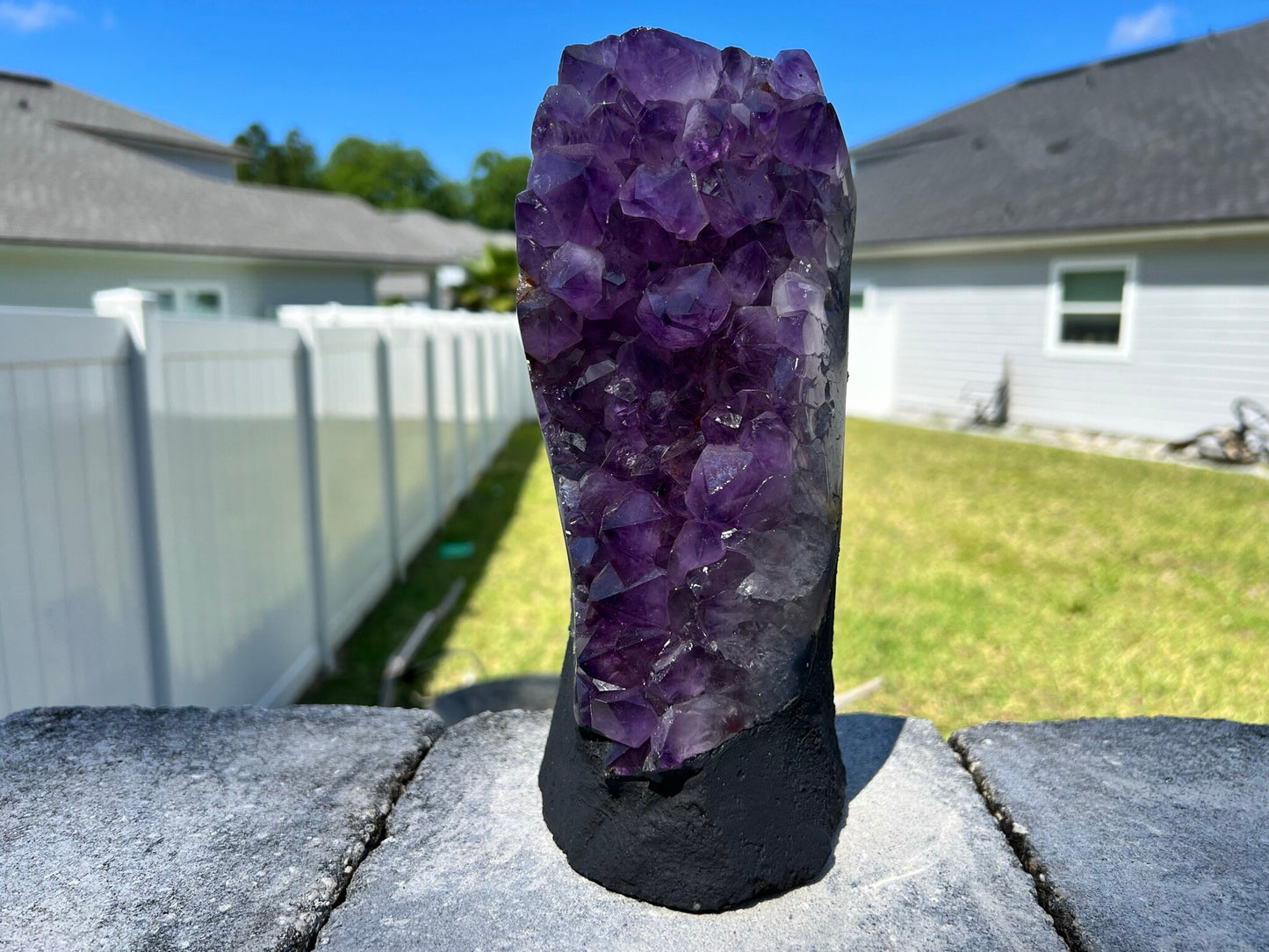 Amethyst Crystal Cluster 7lb 8oz on base with Polished Sides from Brazil Extra A+ Dark Color, open faced.