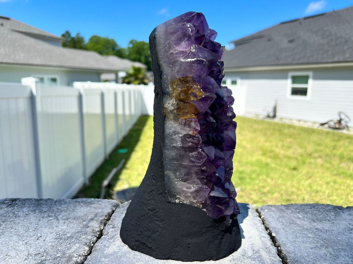 Amethyst Crystal Cluster 7lb 8oz on base with Polished Sides from Brazil Extra A+ Dark Color, open faced.