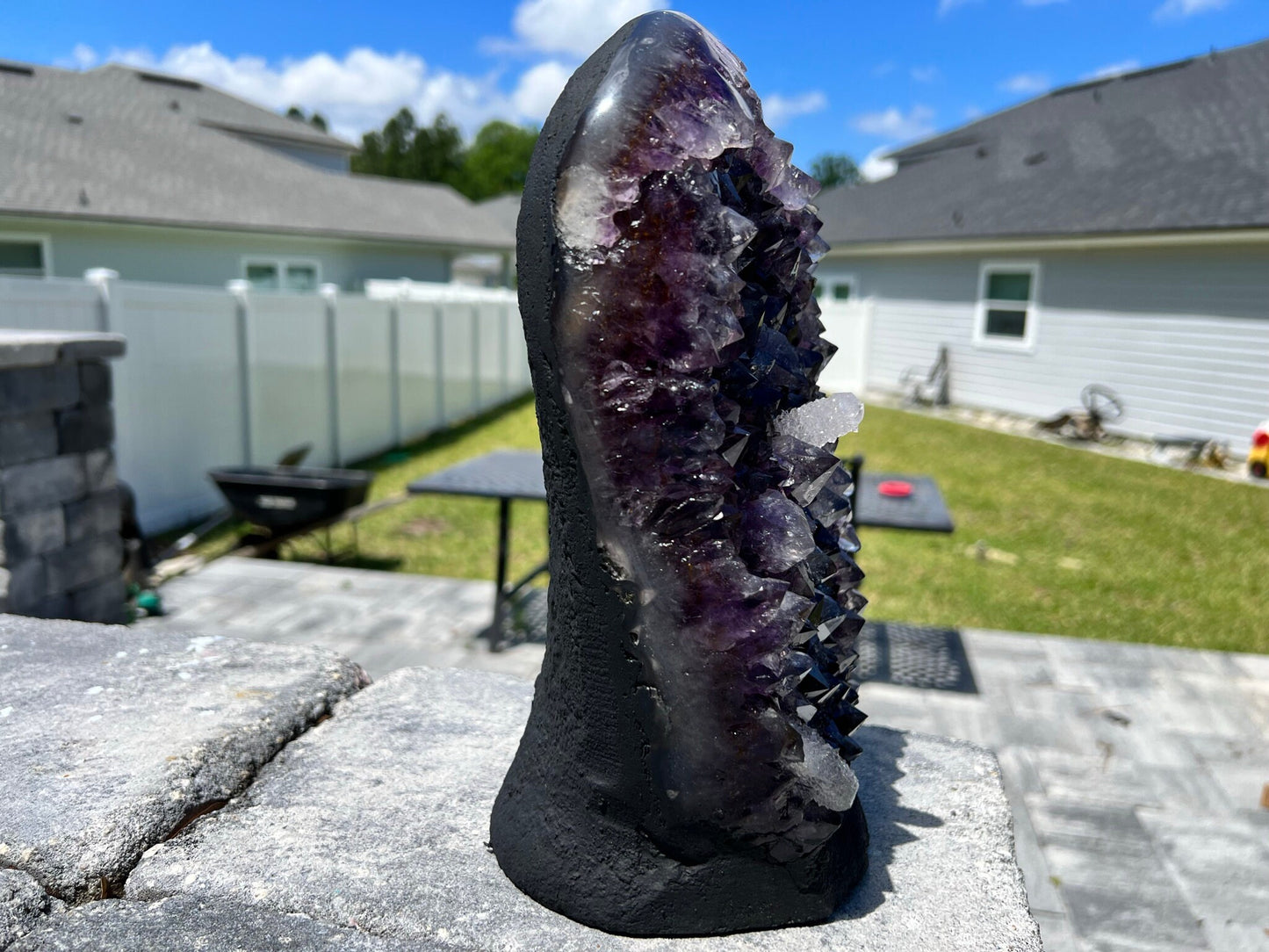 Amethyst Crystal Cluster 13lb 11oz on base with Polished Sides from Brazil Extra A+ Dark Color, open faced.
