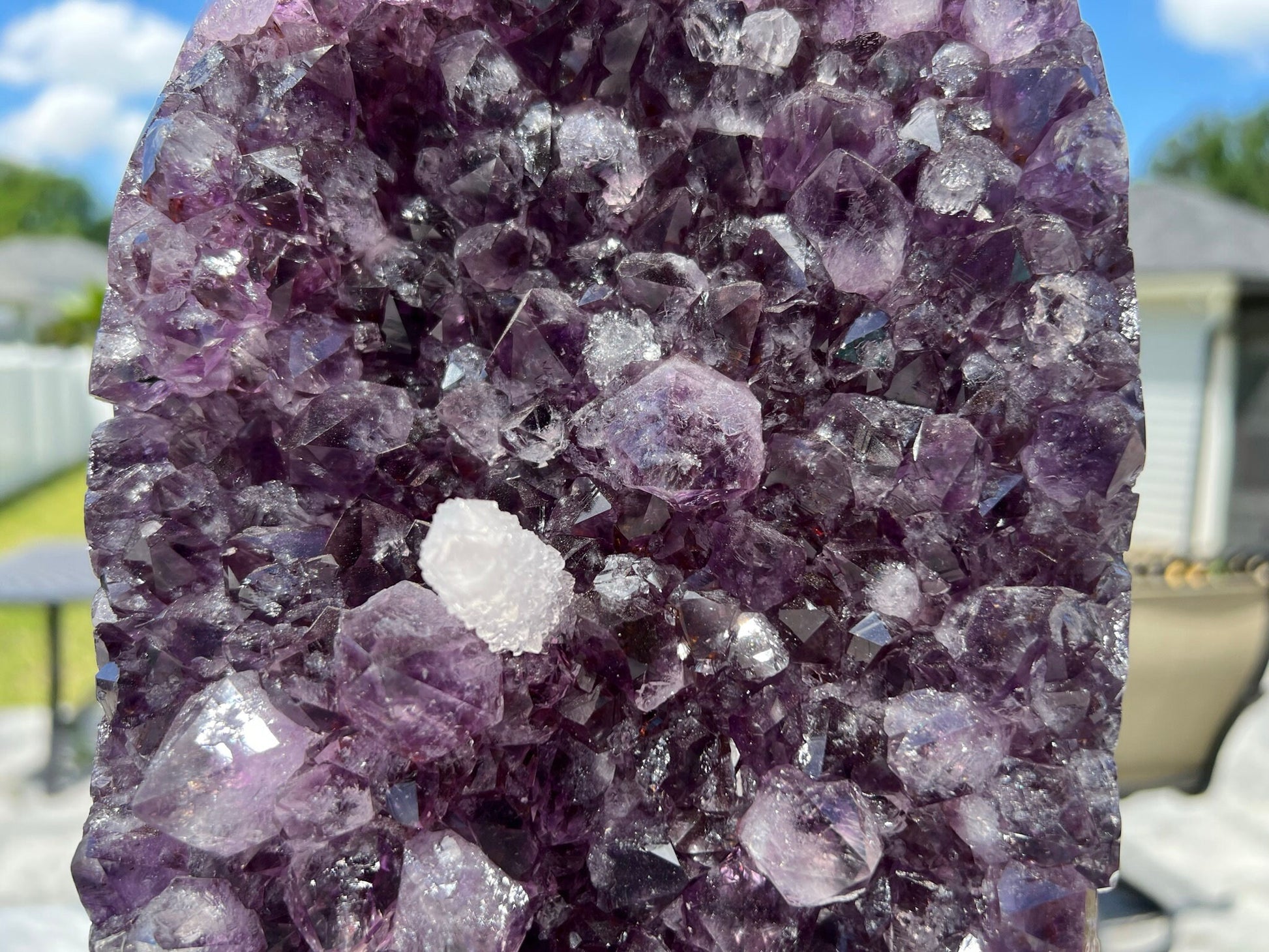 Amethyst Crystal Cluster 13lb 11oz on base with Polished Sides from Brazil Extra A+ Dark Color, open faced.