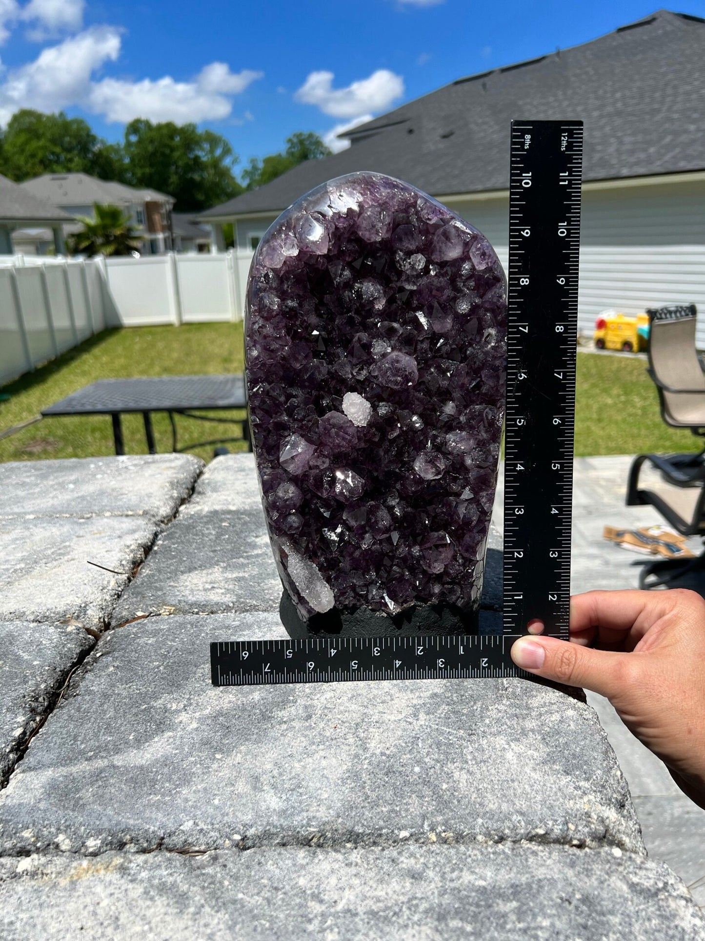 Amethyst Crystal Cluster 13lb 11oz on base with Polished Sides from Brazil Extra A+ Dark Color, open faced.