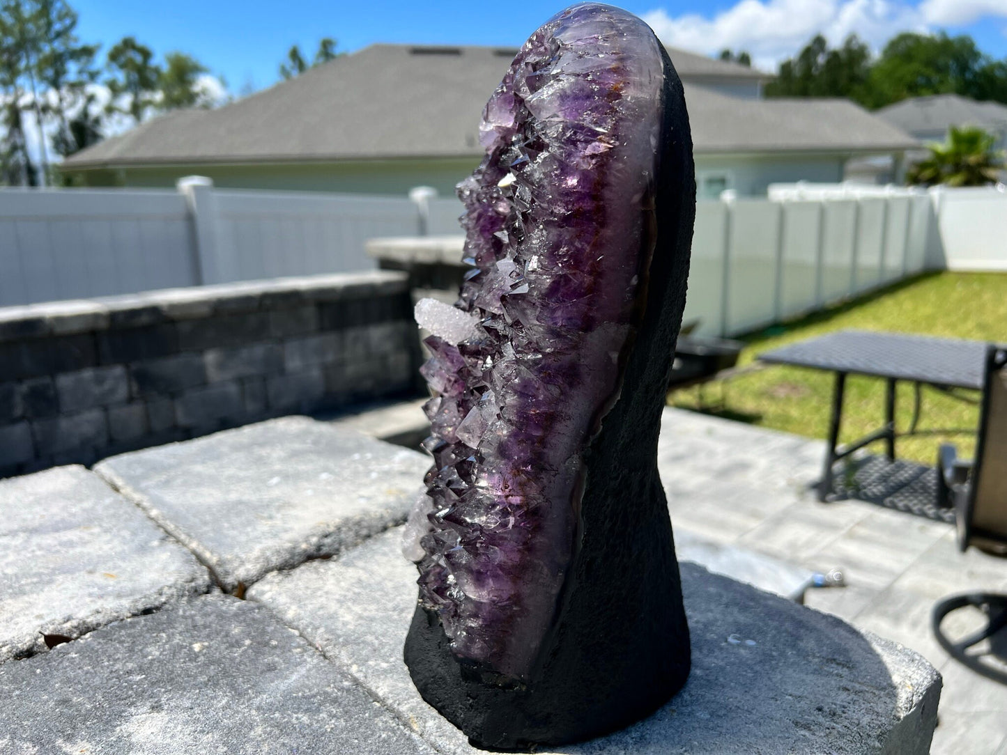 Amethyst Crystal Cluster 13lb 11oz on base with Polished Sides from Brazil Extra A+ Dark Color, open faced.