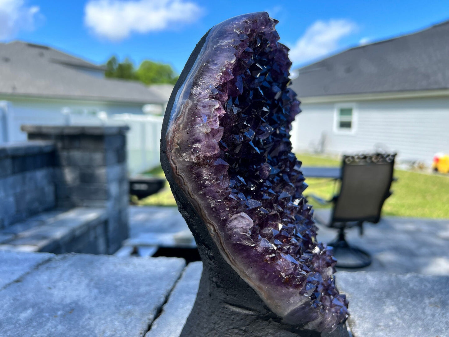 Amethyst Crystal Cluster 14.lb 15oz on base with Polished Sides from Brazil Extra A+ Dark Color, Open faced.