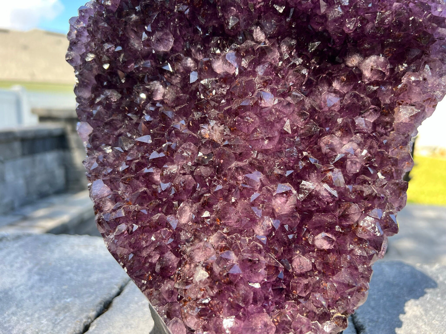 Amethyst Crystal Cluster 14.lb 15oz on base with Polished Sides from Brazil Extra A+ Dark Color, Open faced.