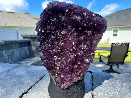 Amethyst Crystal Cluster 14.lb 15oz on base with Polished Sides from Brazil Extra A+ Dark Color, Open faced.