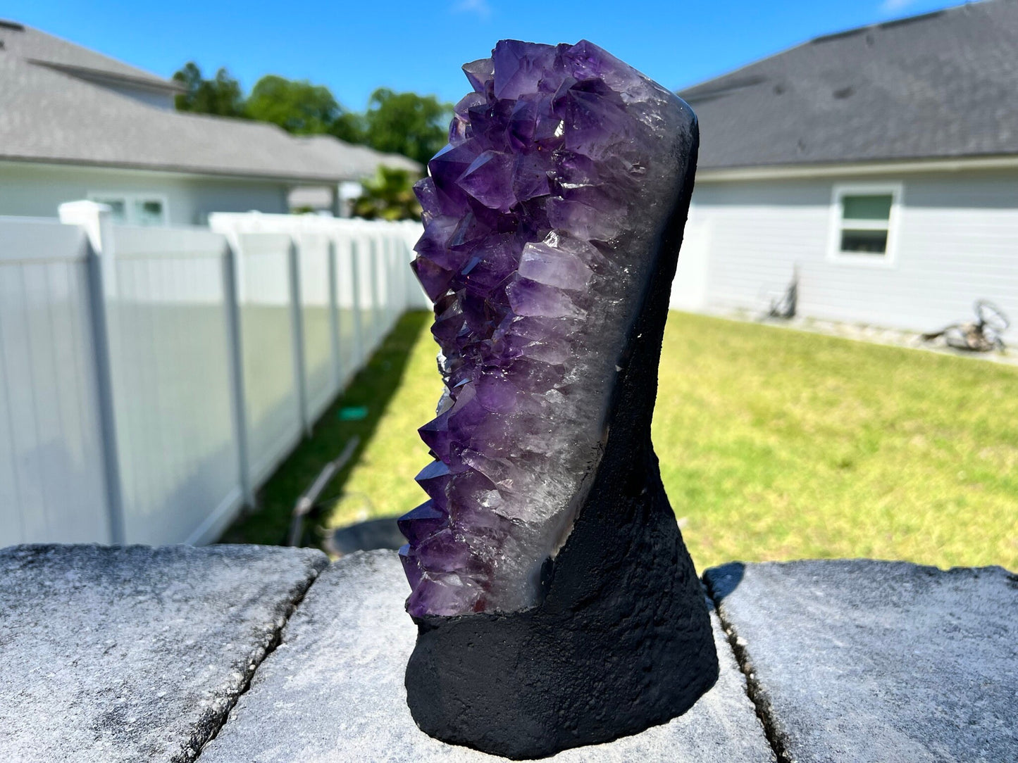 Amethyst Crystal Cluster 7lb 8oz on base with Polished Sides from Brazil Extra A+ Dark Color, open faced.