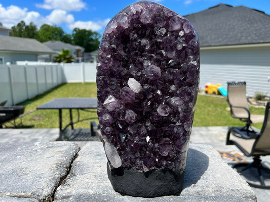 Amethyst Crystal Cluster 13lb 11oz on base with Polished Sides from Brazil Extra A+ Dark Color, open faced.