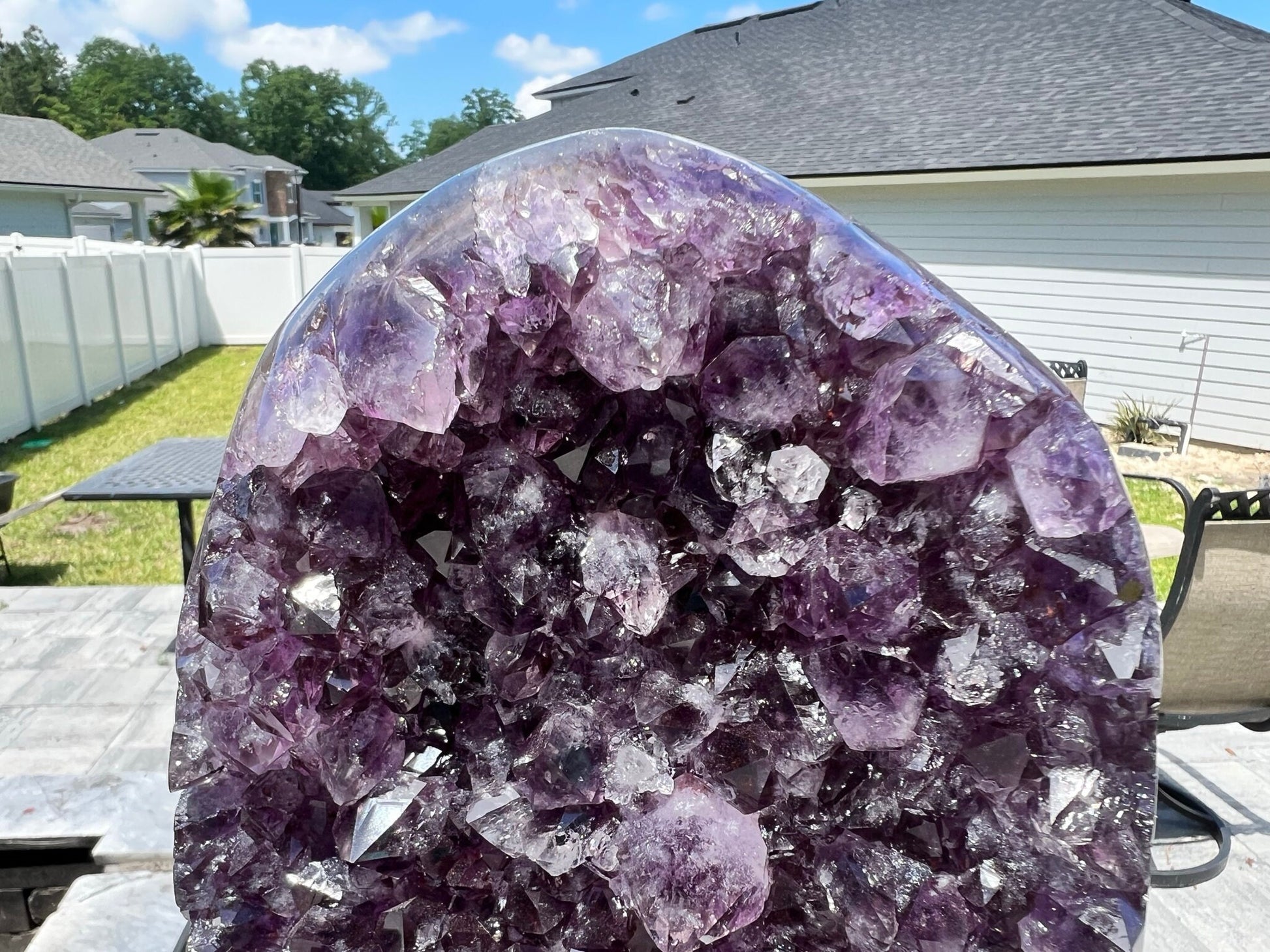Amethyst Crystal Cluster 13lb 11oz on base with Polished Sides from Brazil Extra A+ Dark Color, open faced.