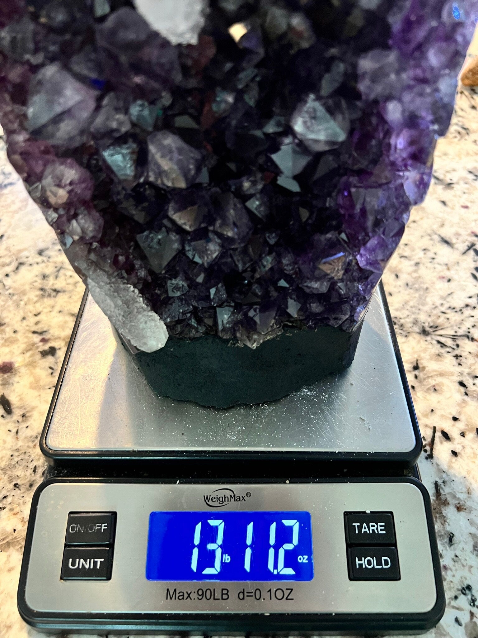 Amethyst Crystal Cluster 13lb 11oz on base with Polished Sides from Brazil Extra A+ Dark Color, open faced.