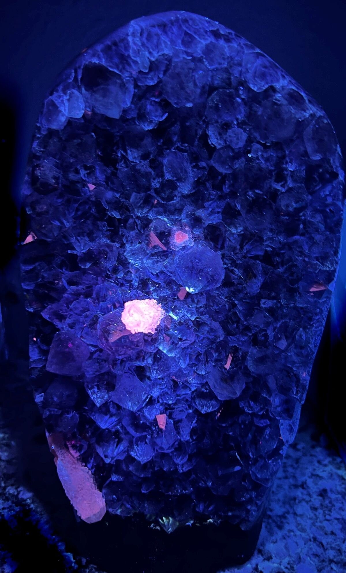 Amethyst Crystal Cluster 13lb 11oz on base with Polished Sides from Brazil Extra A+ Dark Color, open faced.